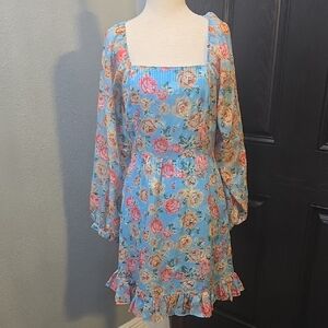 Chic Long Sleeve Floral Dress in Blue and Pink
